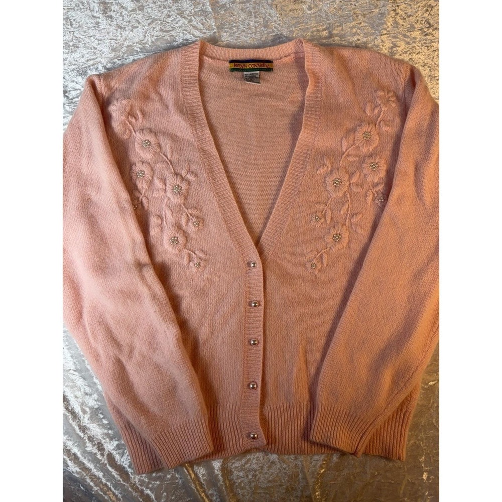 Vintage Bryn Connelly Angora Lambswool Pink Floral Beaded Cardigan Sweater M